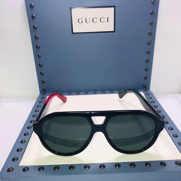 New - Gucci Black Red Green 0159 Stripe Aviator Unisex Gg0159 Sunglasses - Picture 7 of 16